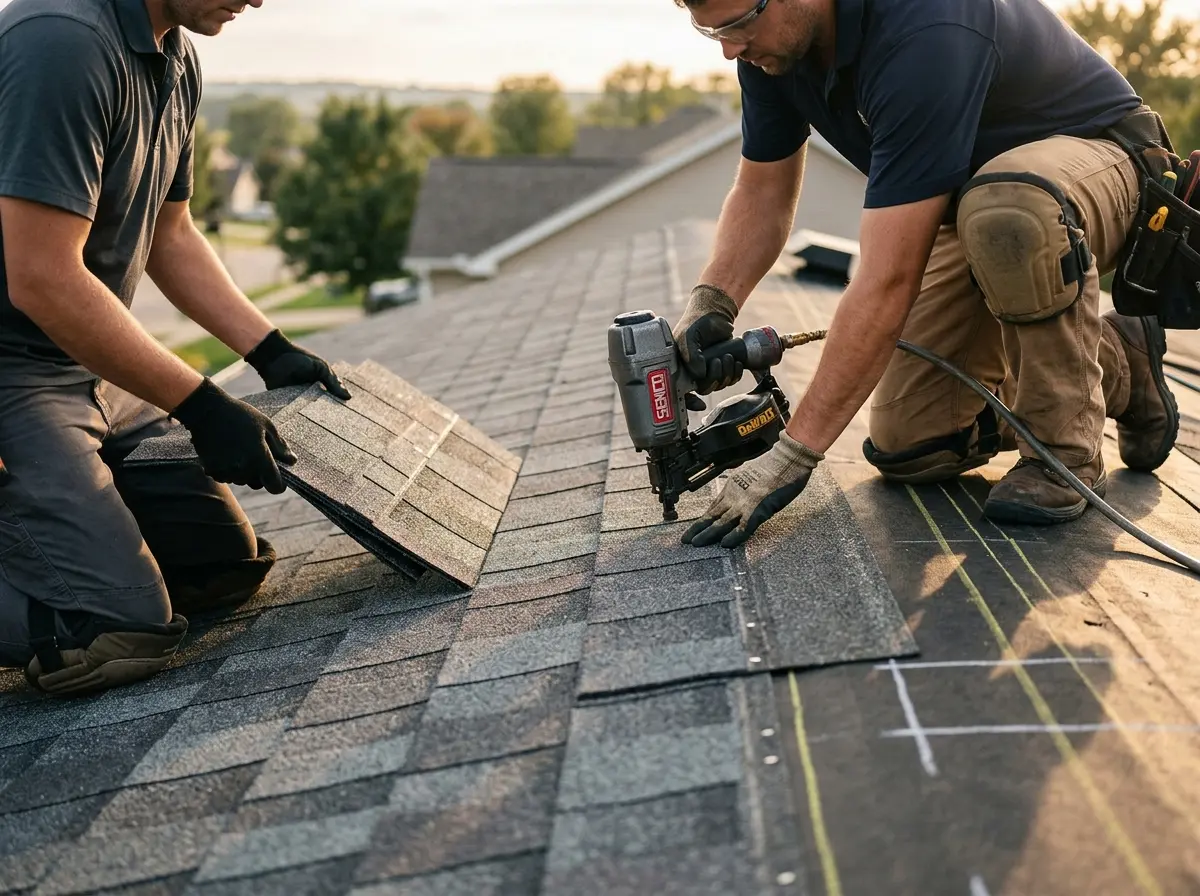 Professional roofer working on a residential roof in Albertville